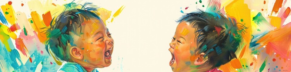 Poster - Colorful and Playful High Key Children s Book Illustration of Two Happy Southeast Asian Toddlers Talking