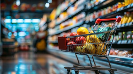 Wall Mural - Shopping cart filled with groceries in supermarket aisle