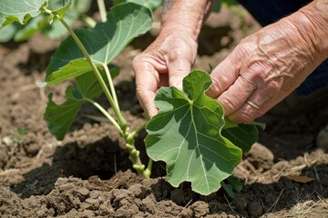 Wall Mural - Gardener Tending to Young Plants in Fertile Soil Under Bright Sunlight in Early Summer