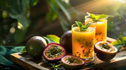 Wall Mural - A tray with a glass of orange juice and three pieces of fruit