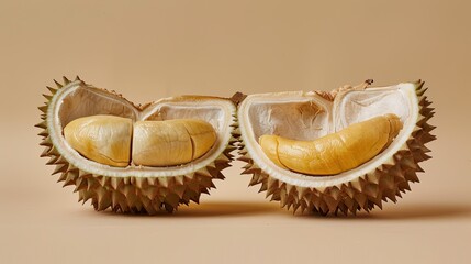 Durian Fruit Cut Open, Revealing its Creamy Yellow Flesh