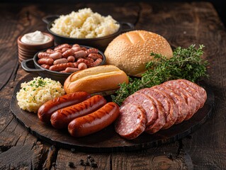 Wall Mural - Rustic Charcuterie Board with Assorted Sausages, Bread, Potatoes, Beans, and Herbs on Wooden Background - Traditional Hearty Meal