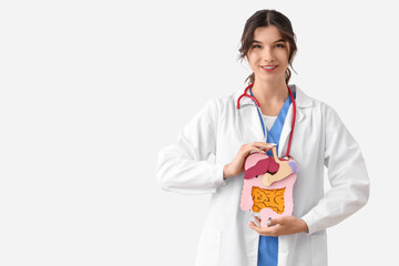 Wall Mural - Female doctor with paper digestive system on white background