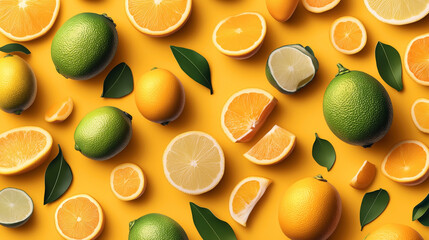 Sticker - Fresh whole and sliced citrus fruits including oranges, lemons, and limes with green leaves on an orange background.