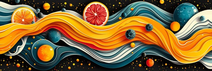 Wall Mural - Elegant Abstract Composition of Healthy Foods With Citrus and Berries on Dark Background