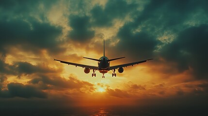 Wall Mural - a plane flying in the sky over the ocean at sunset