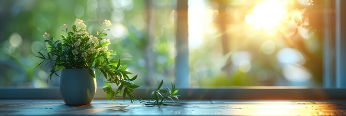 Wall Mural - a plant in a vase sitting on a table near a window