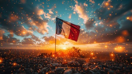 Wall Mural - Happy Bastille Day. The French flag is flying at sunset