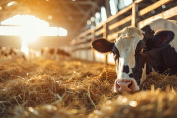 Poster - A black and white cow relaxing in a rustic barn