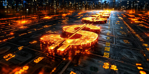 Glowing Dollar Sign with Abstract Digital Elements on Dark Background