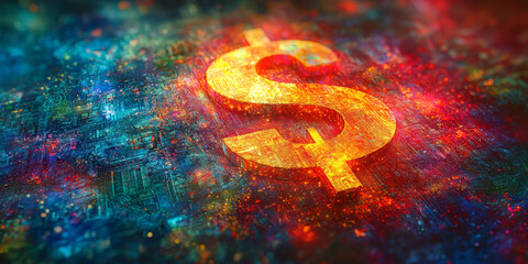 Glowing Dollar Sign with Abstract Digital Elements on Dark Background