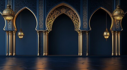 Ramadan Kareem background, with indoor mosque, miner, lantern and Arabic patterns.