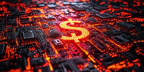Glowing Dollar Sign with Abstract Digital Elements on Dark Background