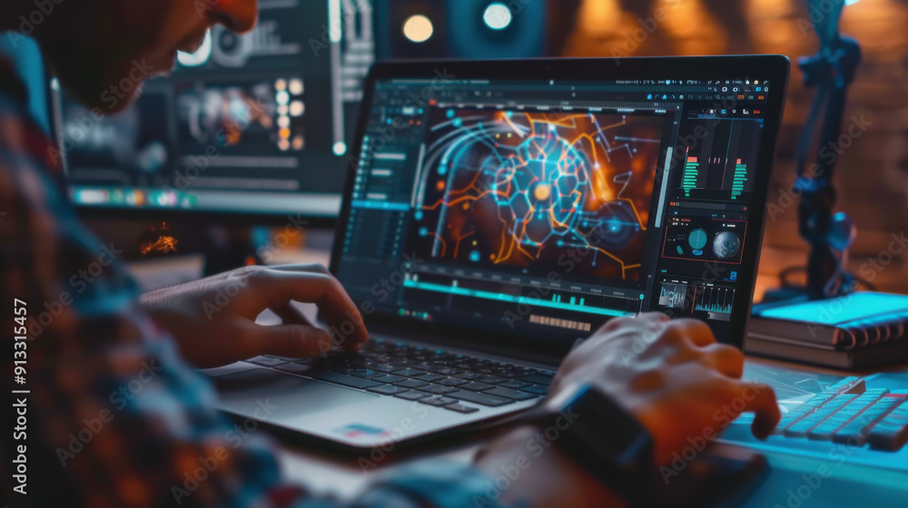 Computer Ai Screen Tech Man creating images with AI technology on a laptop, futuristic UI and ...