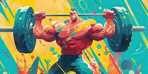 Wall Mural - Bearded Bodybuilder Raising Barbell in Vibrant Art