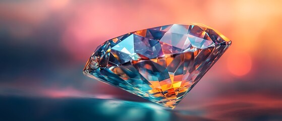 A large, clear, blue and orange diamond with many facets on a blue and orange background, the diamond is almost round but slightly tilted.