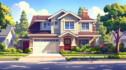 Poster - A suburban home surrounded by trees and greenery, perfect for real estate or lifestyle images