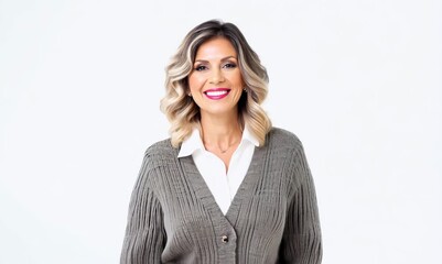 Wall Mural - Group portrait video of a cheerful woman in her 40s that is wearing a chic cardigan against a white background