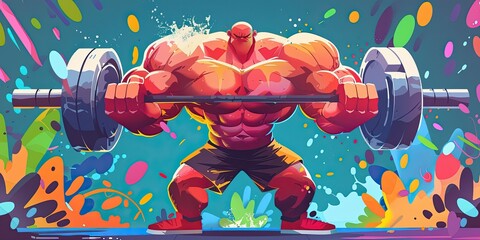 Wall Mural - Bearded Bodybuilder Raising Barbell in Vibrant Art