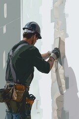 Wall Mural - A construction worker is busy building a wall on a job site