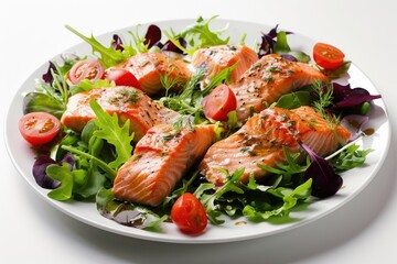 Wall Mural - Fresh salmon fillet served on a white plate with mixed vegetables, perfect for a healthy meal or dinner party