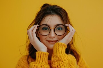 Sticker - A woman wearing glasses and a yellow sweater