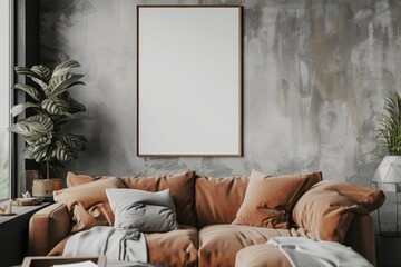 Poster - A cozy living room with a couch and a picture frame on the wall