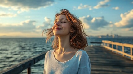 Poster - Woman on a Wooden Pier at Sunset