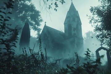 Canvas Print - A Ghostly Figure Stands Near a Church