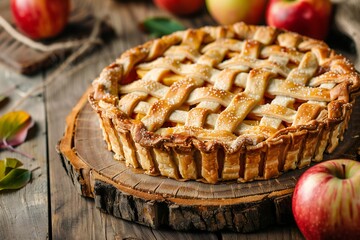 classic tradition lattice apple pie tart tartlet pastry dessert on wooden background , created ai