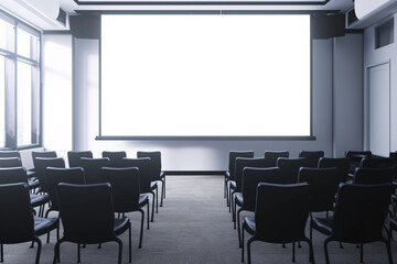 A photo of a large meeting room with white chairs and a black table, a big screen on the wall, grey-blue walls, a modern interior design