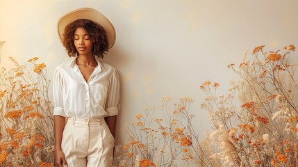 Wall Mural - Elegant Woman Posing Among Dried Flowers in Soft Natural Light During Sunset