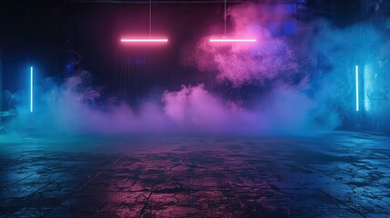 Sticker - A dark room with a textured floor, illuminated by neon lights and filled with purple and blue smoke.