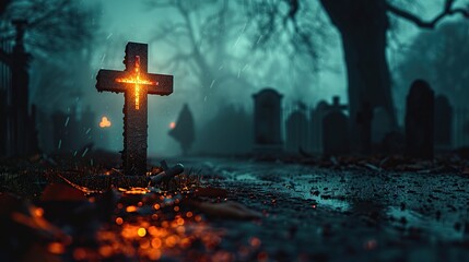 Wall Mural - Glowing Cross in a Mysterious Cemetery