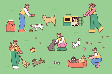 Wall Mural - volunteers care for dogs at a dog shelter. outline simple vector illustration.