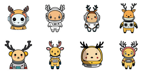 Wall Mural - Multiple illustrations of deer in space suits