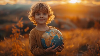 Smiling boy holding a globe in nature