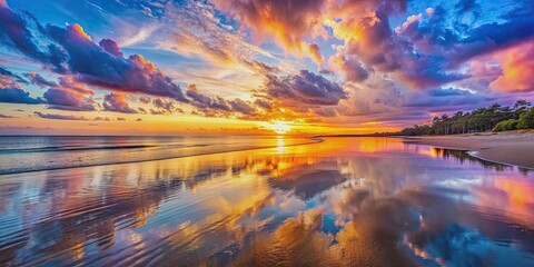Wall Mural - a serene sunset on the beach with colorful skies reflecting on the water , sunset, beach, ocean, hor