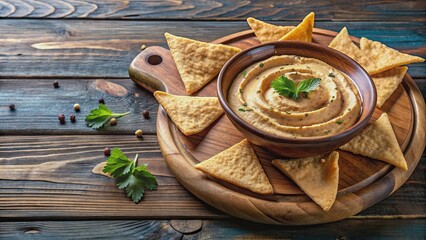 Wall Mural - Delicious homemade hummus served with crispy pita chips on a rustic wooden board , chickpeas, tahini, olive oil, garlic, lemon