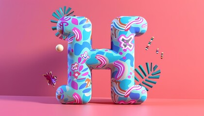 Three dimensions colorful letter H with abstract floral pattern, on pink background.