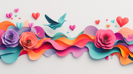 Abstract white background with pastel colorful 3D abstract background overlap layer on dark space with origami paper bird, rose, balloon and heart decoration. Modern graphic design element motion styl