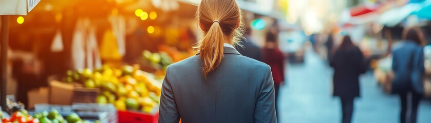 Woman in a business suit walking past a street market, Commute to work, lively city commute