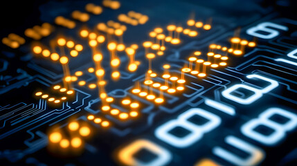 Wall Mural - Closeup view of a glowing intricate electronic circuit board with an array of microchips connectors and other digital components