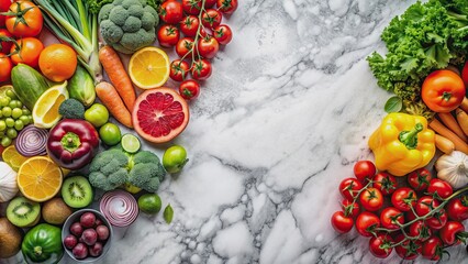 Assortment of fresh organic fruits and vegetables on marble table healthy food background, healthy, fresh