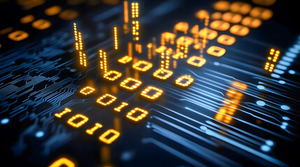 Futuristic digital background with abstract binary code glowing circuit board patterns and electronic system elements  This image represents modern technology computer programming and the digital age
