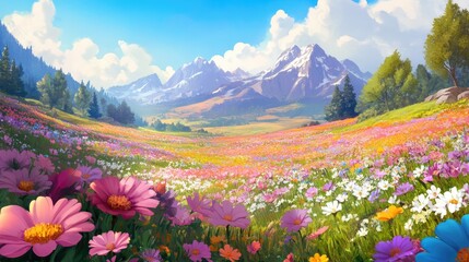 Colorful flower field, spring fantasy landscape, anime style, digital painting, 3D illustration