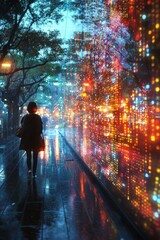 Wall Mural - abstract technology background with glowing code in distorted lines with blur and focus with a human