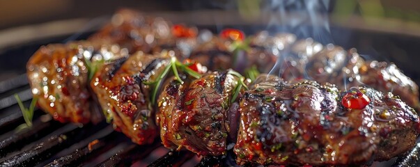 Wall Mural - Juicy grilled meat skewer, seasoned and sizzling over hot flames, perfect for summer barbecues and culinary delights.