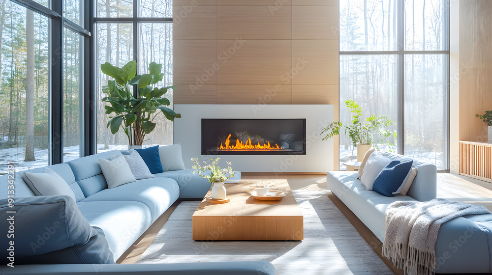 Cozy and inviting modern living room interior with a sleek fireplace ...