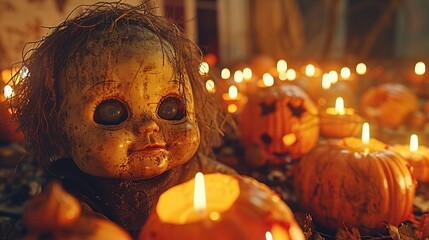 Creepy Doll Among Jack-O-Lanterns